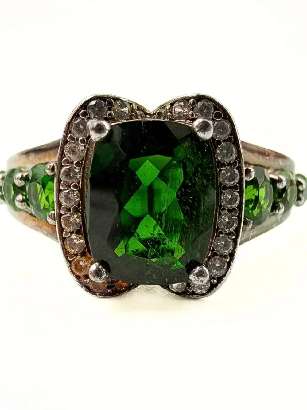 Contemporary Marked Sterling Silver Cushion Cut Green Tourmaline Ring Sz 10